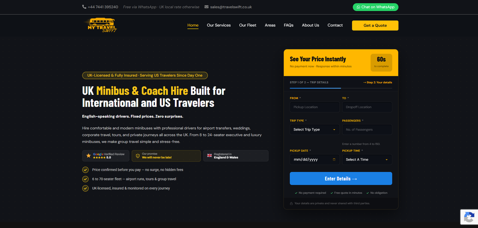 My Travel Swift minibus and coach hire website homepage